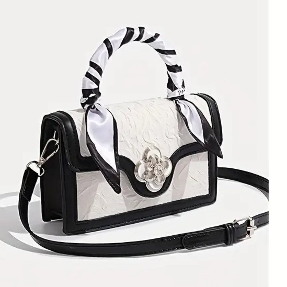 Chic Black/White Textures Floral Mini Crossbody Top Handle Bag w/Twilly - Picture 8 of 13